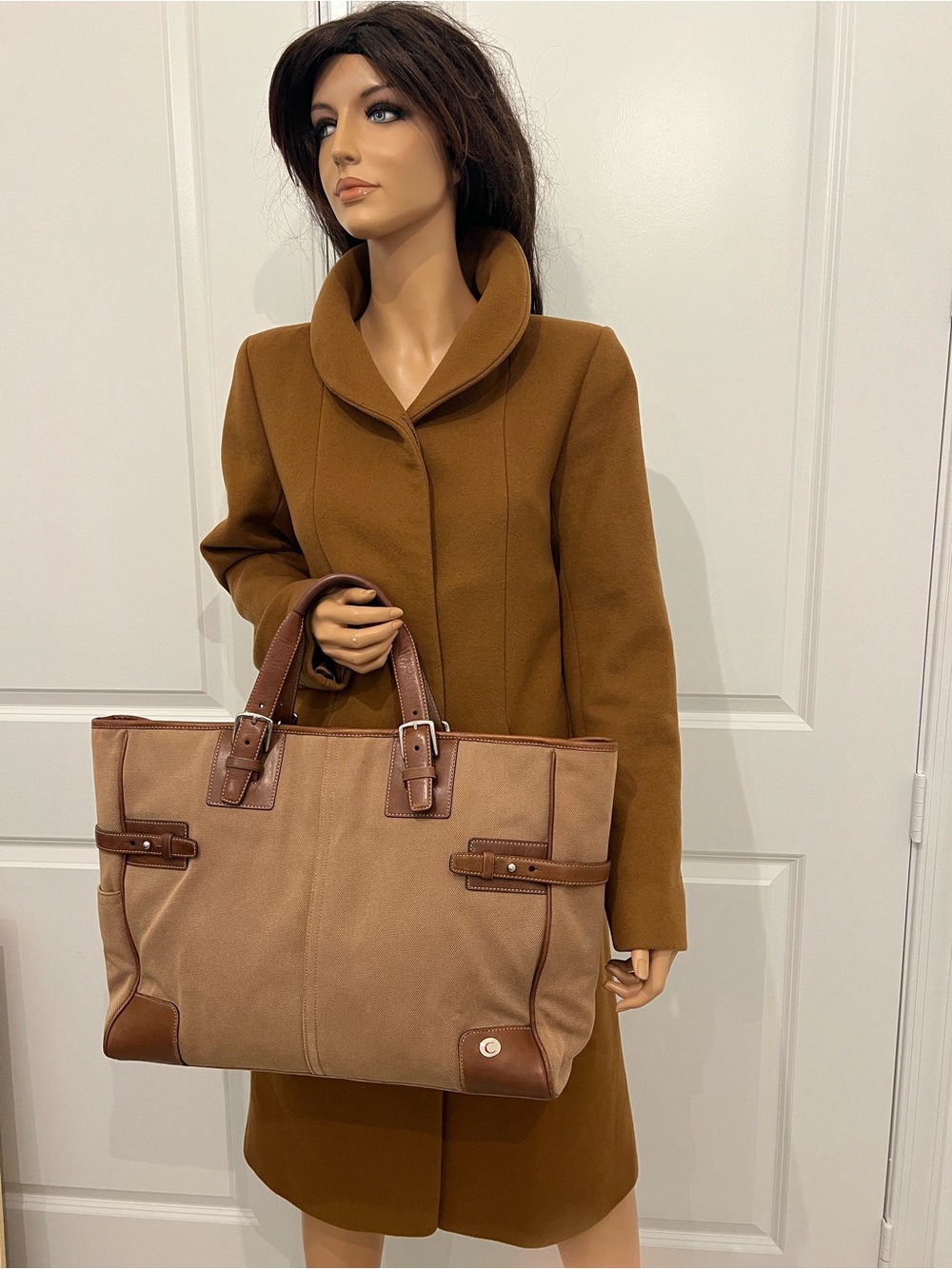 Coach Beige Canvas Tote with Brown Leather Trim Vintage